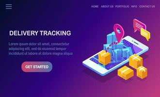 Order tracking. Isometric phone with delivery service app. Shipping of box, cargo transportation. Vector design