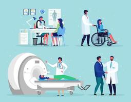 Doctor talks with man. Magnetic Resonance Imaging Technology Tomography, radiology, xray machine for examination for oncology disease MRI. Nurse, wheelchair for disabled senior patient. Vector design