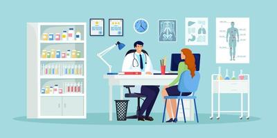 Doctor and patient at desk in hospital office. Clinic visit for exam, meeting with physician, conversation with medic about diagnosis results. Vector cartoon design