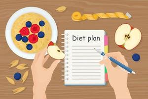 Weight loss banner with porridge, berry, apple. Man creating diet plan in a notebook. Healthy eating, dieting. Vector design