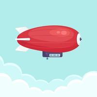 Dirigible flying in blue sky with clouds. Vintage airship, zeppelin. Travel by blimp. Vector design