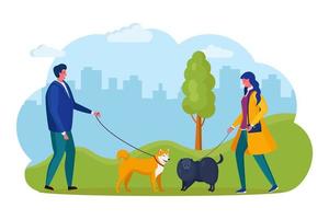 Man and woman are walking with dog. Happy boy, girl play with pet. Puppy on a leash isolated on background. Vector cartoon design