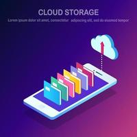 Cloud storage technology. Data backup. Isometric smartphone with folders Hosting service for website. Vector design
