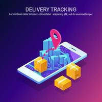 Order tracking. Isometric 3d mobile phone with delivery service app. Shipping of box, package, cargo transportation. Vector cartoon design