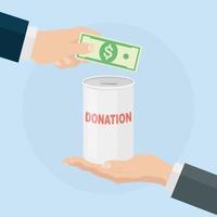 Hand putting coin, cash in jar. Donate, giving money, charity, volunteering concept. Donation box isolated on background. Vector design