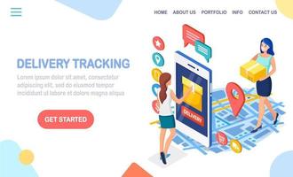 Order tracking. Isometric phone with delivery service app and woman with cardboard box. Vector design