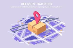 Order tracking. Isometric parcel with pin, pointer on map. Shipping of box, package, cargo transportation. Vector design