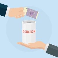 Hand putting euro cash in jar. Donate, giving money, charity, volunteering concept. Donation box. Vector design