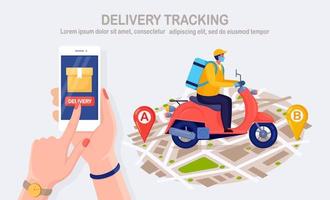 Free fast delivery service by scooter. Courier delivers food order. Hand hold phone with mobile app. Online package tracking. Man travels with a parcel on the map. Express shipping. Vector design