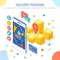 Order tracking. Isometric phone with delivery service app. Shipping of box, cargo transportation. Vector design