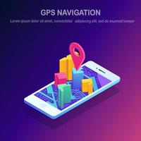 Isometric smartphone with gps navigation app, tracking. Mobile phone with map application. Vector design