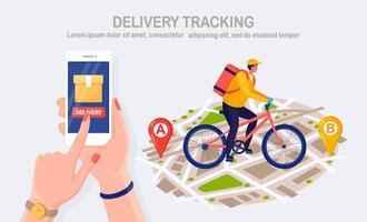 Free fast delivery service by bicycle. Courier delivers food order. Hand hold phone with mobile app. Online package tracking. Man travels with a parcel on the map. Express shipping. Vector design