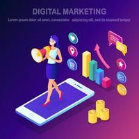 Digital marketing. Isometric woman with megaphone, loudspeaker, bullhorn, mobile phone, smartphone with money, graph. Business development strategy advertising. Social media analysis. Vector design