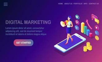 Digital marketing. Isometric woman with megaphone, loudspeaker, bullhorn, mobile phone, smartphone with money, graph. Business development strategy advertising. Social media analysis. Vector design