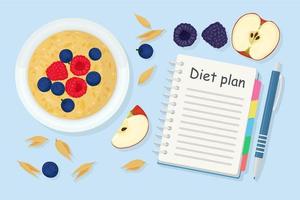 pancarta de pérdida de peso con avena, bayas, manzana y plan de dieta en un cuaderno. alimentación saludable, dieta. diseño vectorial