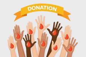 manos levantadas con corazón colorido. voluntariado, caridad, concepto de donación de sangre. gracias por el cuidado voto de la multitud. diseño plano vectorial