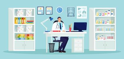 Doctor man sits by table in hospital medical office. Physician waiting for the patient at the desk. Clinic appointment. Vector design