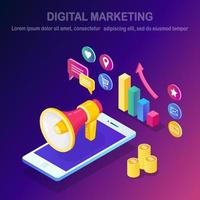 Digital marketing. Mobile phone, smartphone with money, graph, folder, megaphone, loudspeaker, bullhorn. Business development strategy advertising. Social media analysis. Vector design