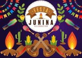 cartel de festa junina festival de junio. folclore vacación guitarra acordeón cactus verano girasol fogata.