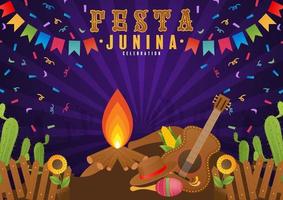 Festa Junina Poster June Festival. Folklore Holiday Guitar Accordion Cactus Summer Sunflower Campfire. vector