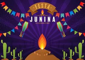 cartel de festa junina festival de junio. folclore vacación guitarra acordeón cactus verano girasol fogata.