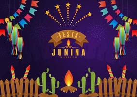 Festa Junina Poster June Festival. Folklore Holiday Guitar Accordion Cactus Summer Sunflower Campfire. vector