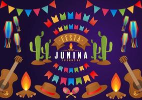 Festa Junina Poster June Festival. Folklore Holiday Guitar Accordion Cactus Summer Sunflower Campfire. vector