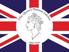 The Queen's Platinum Jubilee celebration background with side profile of Queen Elizabeth in crown and the Union Jack on background. Continuous line art or One Line Drawing. vector