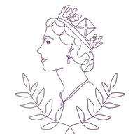 The Queen's Platinum Jubilee celebration background with side profile of Queen Elizabeth in crown. Continuous line art or One Line Drawing. vector