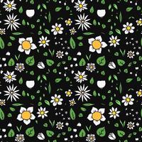 Colored seamless floral vector pattern. Doodle floral pattern on black background. Vintage floral illustration with white flowers