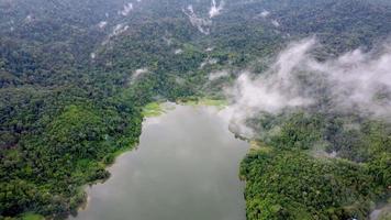 Aerial view low cloud move at Malaysia lake video