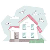 emblema de agencia inmobiliaria o elemento de logotipo con casa vendida, ilustración vectorial plana aislada en segundo plano. emblema o pancarta de venta de propiedad.