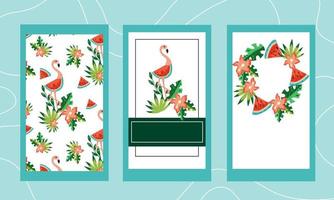 Summer tropical cards set with flamingo, exotic palm leaves and watermelon, flat cartoon vector illustration. Backgrounds for beach party and seasonal commercial events invitations.