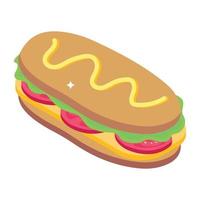 un icono redondo isométrico de sándwich de hot dog vector