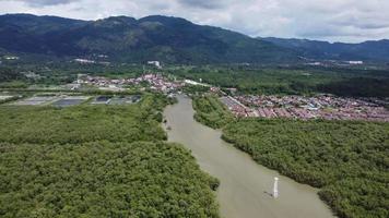 luchtfoto Balik Pulau vissersdorp in de buurt van mangrovebos video