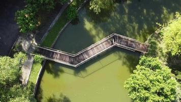 Aerial view look down wooden bridge