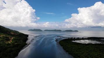 Aerial silhouette at river toward sea. video