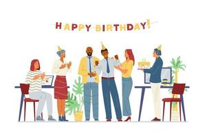 el equipo de negocios multirracial celebra el cumpleaños de un colega en la ilustración vectorial plana de la oficina. hombres y mujeres alegres felicitan a sus compañeros de trabajo, aplauden, traen pastel de cumpleaños. vector