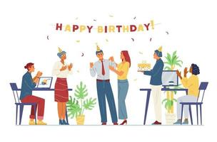Multiracial business team celebrates colleague's birthday in the office flat vector illustration. Cheerful men and women congratulate coworker, applauding, bringing birthday cake.