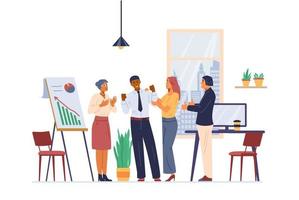 Multiracial business team congratulates colleague with successful project flat vector illustration. Cheerful men and women celebrating, applauding, showing thumbs up. Office interior.