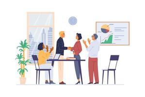 Business team congratulates colleague with successful project flat vector illustration. Cheerful men and women applauding, shaking hands.