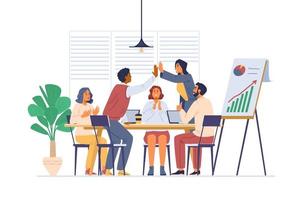 Multiracial business team celebrates successful project flat vector illustration. Cheerful colleagues congratulate each other, applauding, giving hight five.