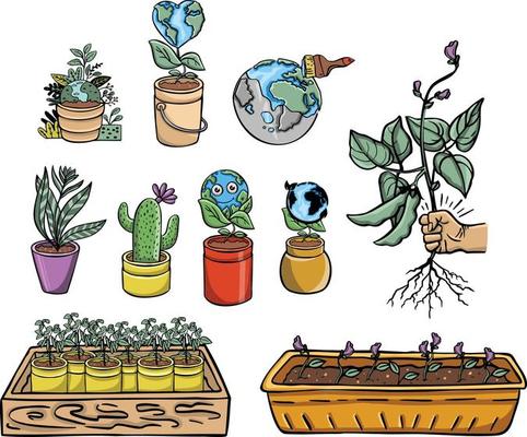 Multicolored funny childrens drawings about ecology illustration