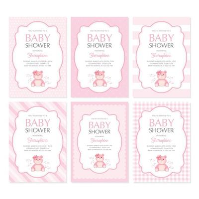 set of baby shower girl invitation with cute pink bear