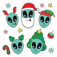 Cute dibujos animados navidad extraterrestre emoticonos vector ilustración