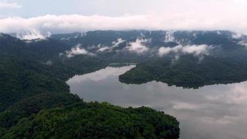 Aerial view curve shape of lake near rainforest