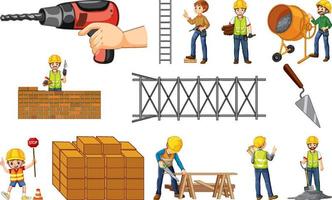 Construction worker set with man and tools vector