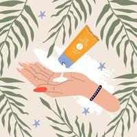 The concept of sun protection. Pressed sunscreen on the hand surrounded by palm leaves. vector