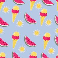 Trendy summer pattern with watermelon, sun and sweet ice cream on a blue background. A bright summer pattern for printing, paper, wallpaper, fabric and for the web. vector