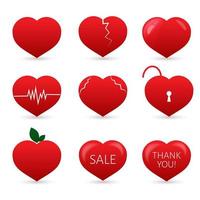 Set of nine red hearts isolated on white background. . Valentine s day vector collection. Love story symbol. Health medical flat icon. Easy to edit design template.
